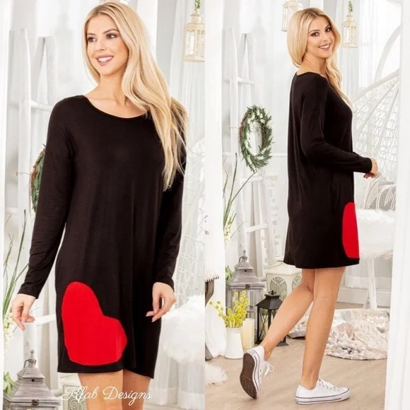 LAST 2! Very Soft Heart Patch Black Pocket Dress! - Picture 7 of 12